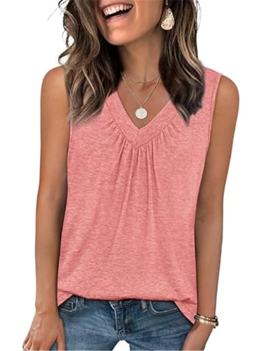 Women's Coral V Neck Tank Top Loose Fit Sleeveless Ruched Summer Small
